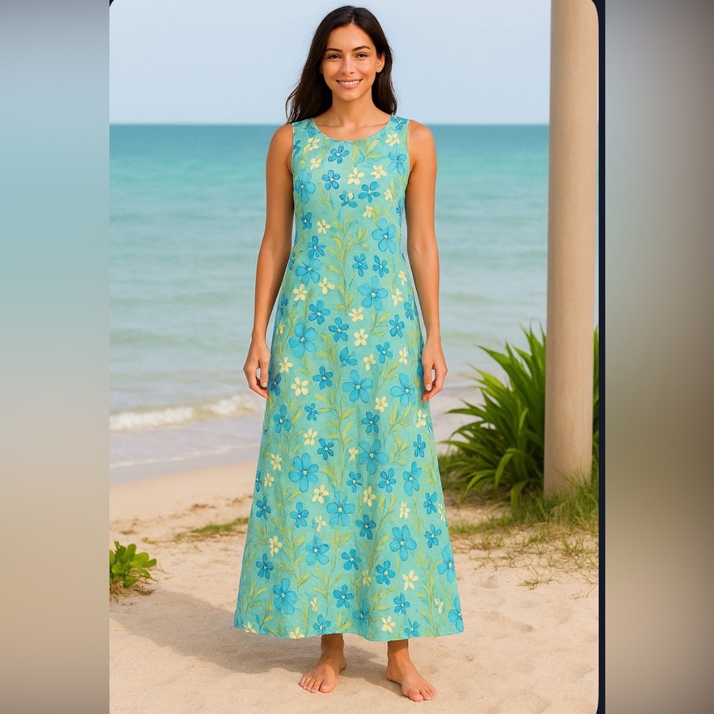 Vintage Talbots Blue Floral Boho Linen Long Maxi Sleeveless Dress Women's Size 6